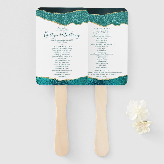 Elegant Turquoise & Gold Agate Wedding Program Hand Fan (Front and Back)