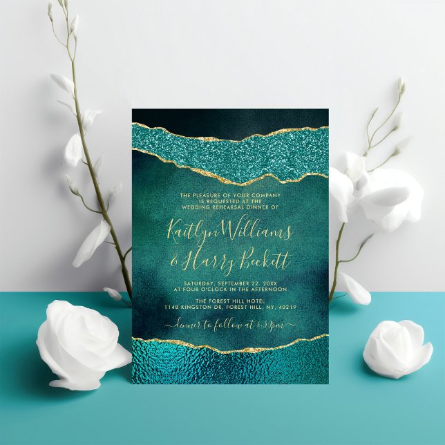 Elegant Turquoise & Gold Agate Wedding Rehearsal Invitation (Creator Uploaded)