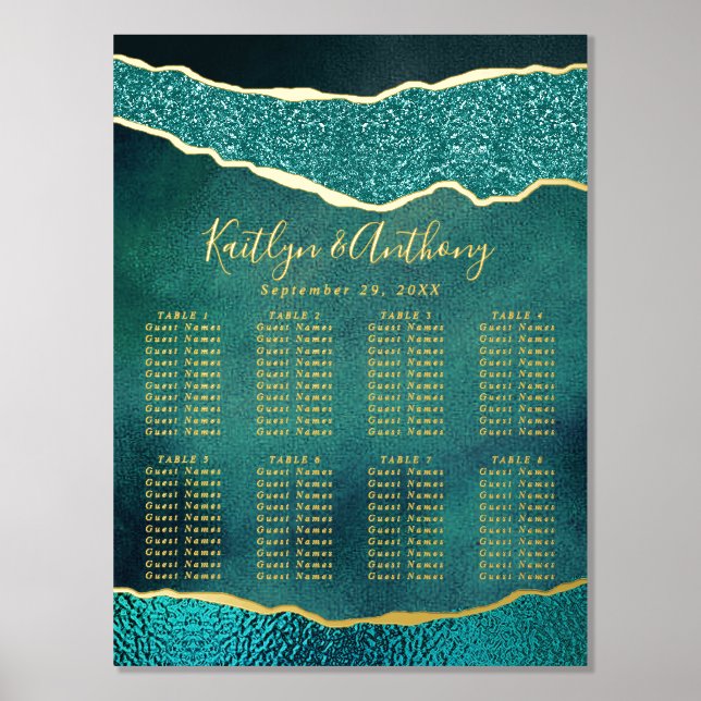 Elegant Turquoise & Gold Agate Wedding Seating Foil Prints (Front)