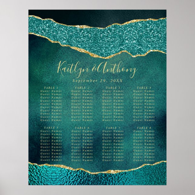 Elegant Turquoise & Gold Agate Wedding Seating Poster (Front)