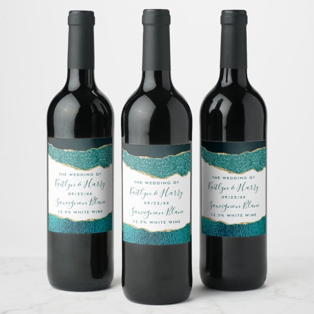 Elegant Turquoise & Gold Agate Wedding Wine Label (Bottles)