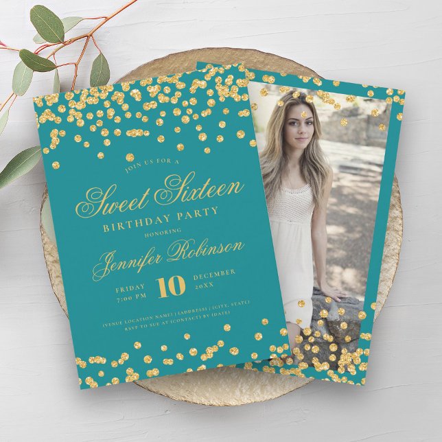 Elegant Turquoise Gold Confetti Photo Sweet 16   Invitation (Elegant Turquoise Gold Confetti Photo Sweet 16 Invitation)