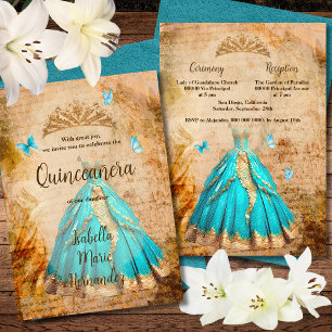 Elegant Turquoise Golden Vintage Quinceañera Invitation