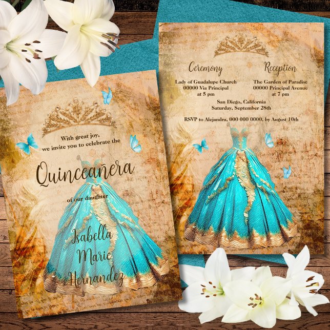 Elegant Turquoise Golden Vintage Quinceañera Invitation (Creator Uploaded)