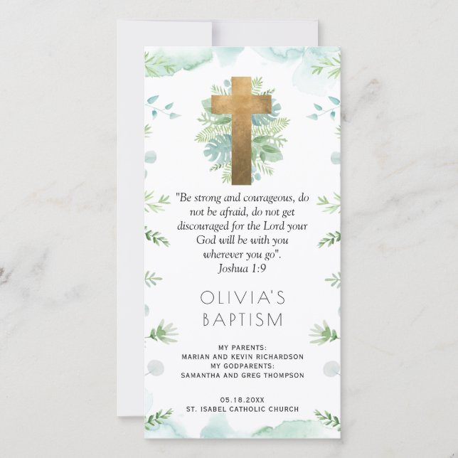Elegant Turquoise, Greenery Baptism Bookmark Favou Thank You Card (Front)