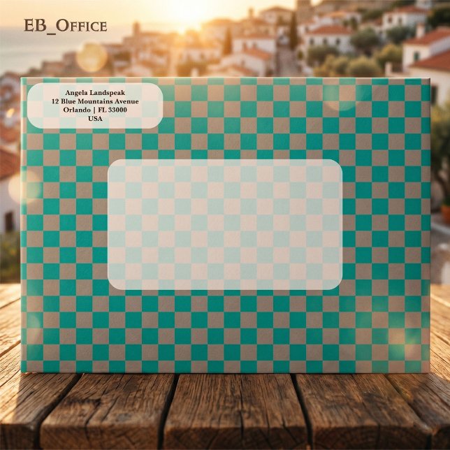 Elegant Turquoise & Grey Chequered  Return Address Envelope (Love the envelope, but looking for a different hue? Visit EB_Office to explore our full collection.)