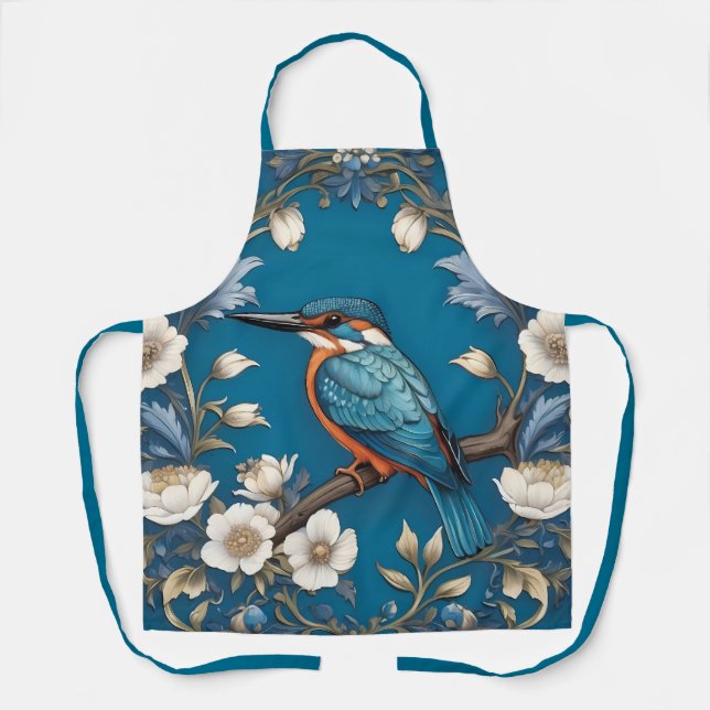 Elegant Turquoise Kingfisher Bird Floral  Apron (Front)