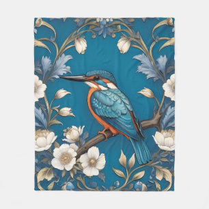 Elegant Turquoise Kingfisher Bird Floral Fleece Blanket