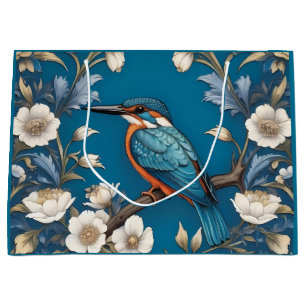 Elegant Turquoise Kingfisher Bird Floral  Large Gift Bag