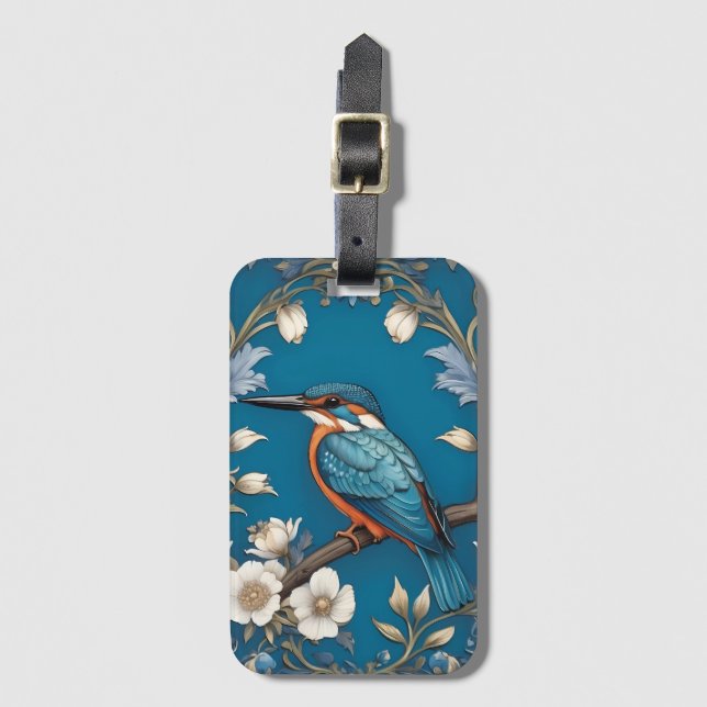 Elegant Turquoise Kingfisher Bird Floral  Luggage Tag (Front Vertical)