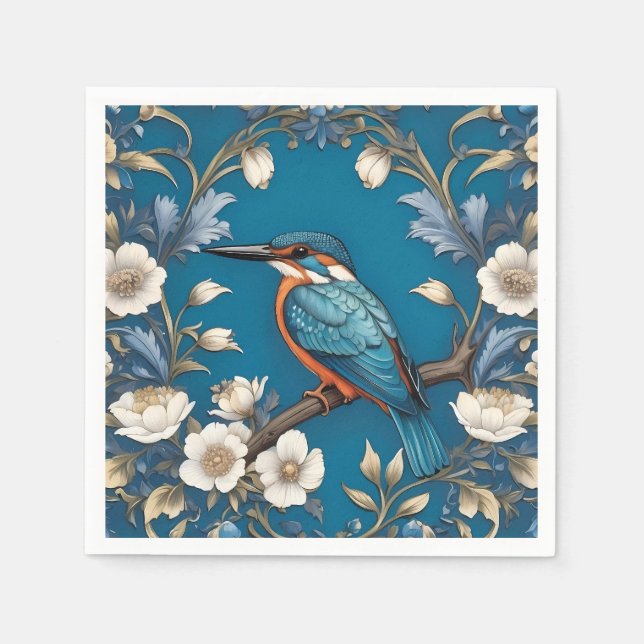 Elegant Turquoise Kingfisher Bird Floral  Napkin (Front)