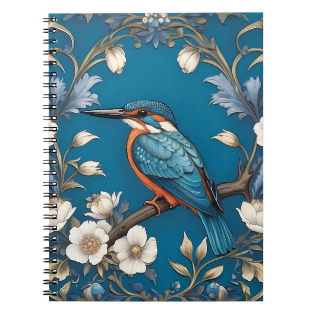 Elegant Turquoise Kingfisher Bird Floral  Notebook (Front)