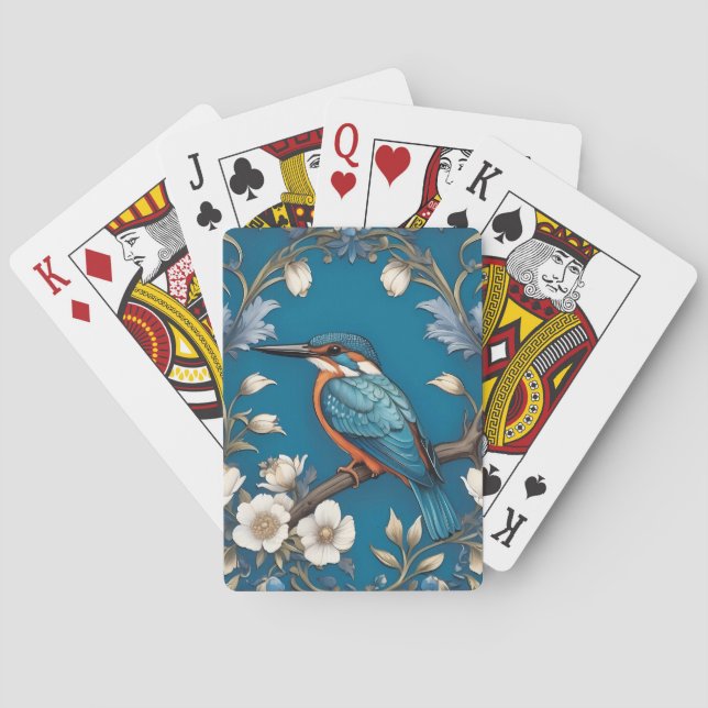 Elegant Turquoise Kingfisher Bird Floral  Playing Cards (Back)