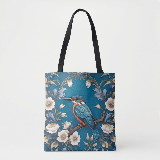 Elegant Turquoise Kingfisher Bird Floral  Tote Bag (Front)