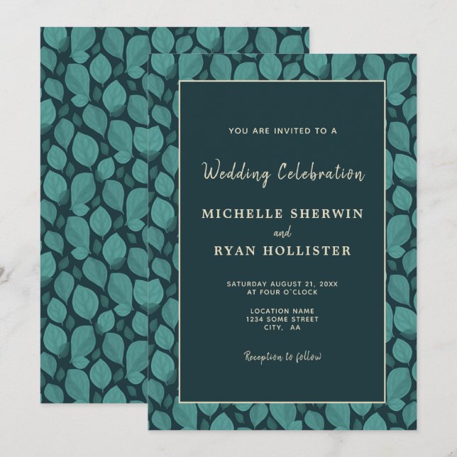 Elegant Turquoise Leaf Pattern Botanical Wedding Invitation (Front/Back)