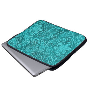 Elegant Turquoise Leather Look Embossed Flowers Laptop Sleeve