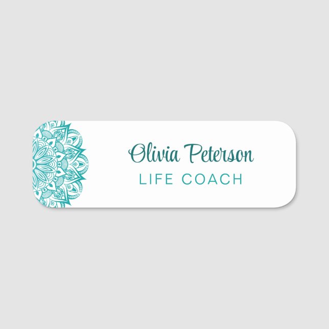 Elegant Turquoise Mandala Life Coach Name Tag (Front)
