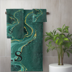 Elegant turquoise marble art faux gold glitter bath towel set