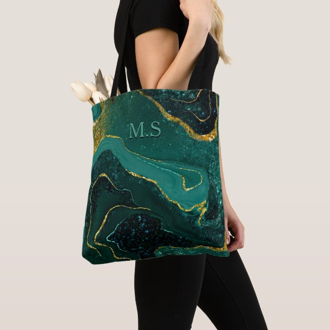 Elegant turquoise marble art faux gold glitter tote bag (Close Up)