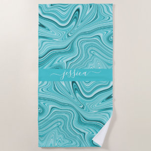 Elegant turquoise marble script name  beach towel