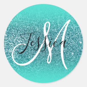 Elegant Turquoise Ombre Faux Teal Glitter Monogram Classic Round Sticker