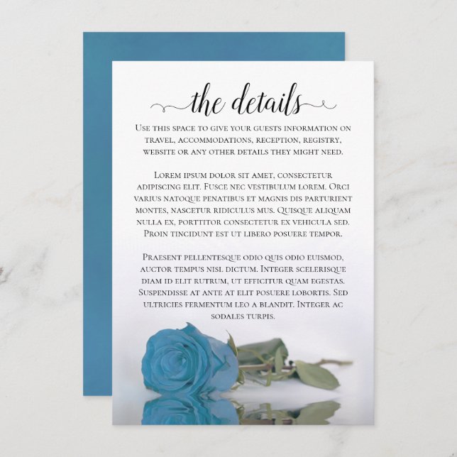 Elegant Turquoise or Sky Blue Rose Wedding Details Enclosure Card (Front/Back)