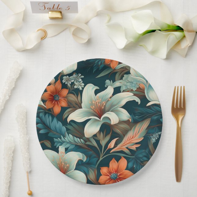 Elegant Turquoise Orange Flower Pattern Floral Paper Plate (Wedding)