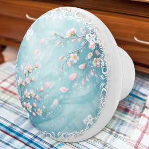 Elegant Turquoise Pink Cherry Blossom Ceramic Knob