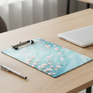 Elegant Turquoise Pink Cherry Blossom Initials  Clipboard