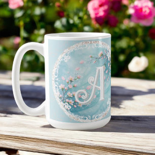 Elegant Turquoise Pink Cherry Blossom Initials Coffee Mug