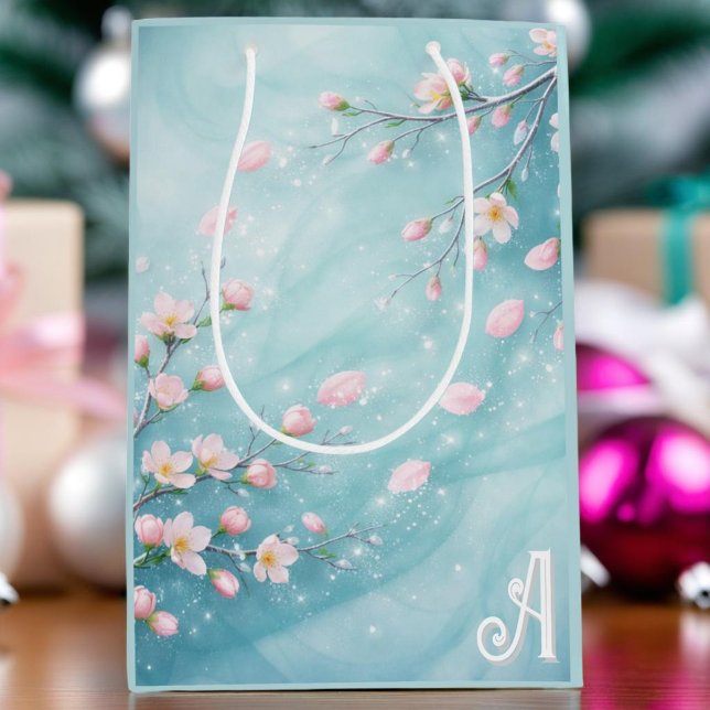 Elegant Turquoise Pink Cherry Blossom Initials  Medium Gift Bag (Creator Uploaded)