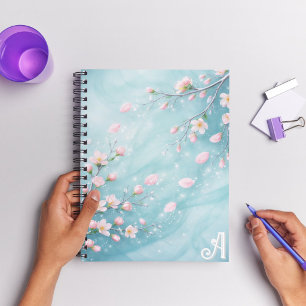 Elegant Turquoise Pink Cherry Blossom Initials  Notebook