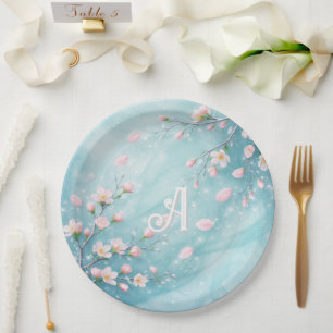Elegant Turquoise Pink Cherry Blossom Initials Paper Plate