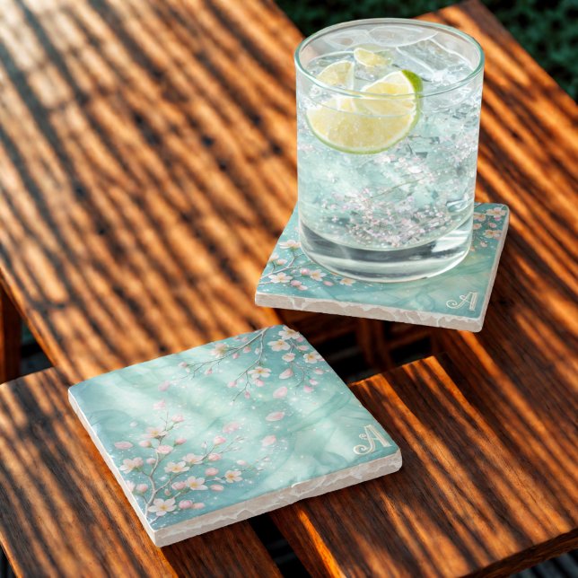 Elegant Turquoise Pink Cherry Blossom Initials  Stone Coaster (Creator Uploaded)