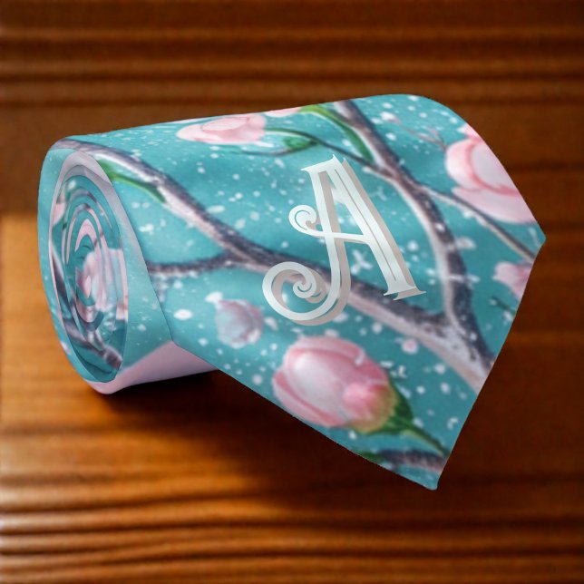 Elegant Turquoise Pink Cherry Blossom Initials  Tie (Creator Uploaded)