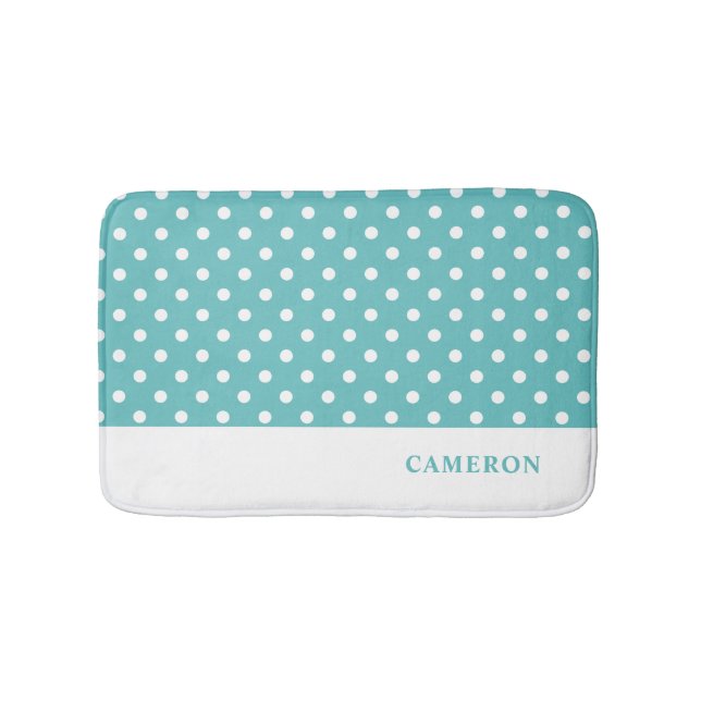 Elegant Turquoise Polka Dots Personalised  Bath Mat (Front)
