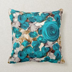 Elegant turquoise roses on beige abstract cushion