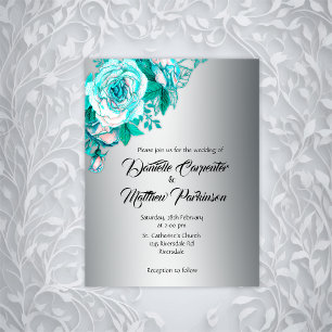 Elegant Turquoise Roses, Silver Wedding Invitation Postcard