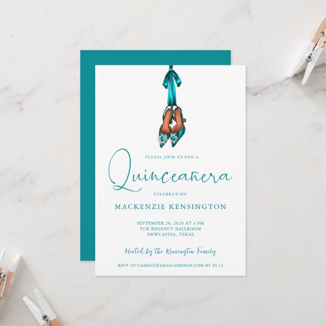Elegant Turquoise Sparkle High Heels Quinceañera Invitation (Front/Back In Situ)