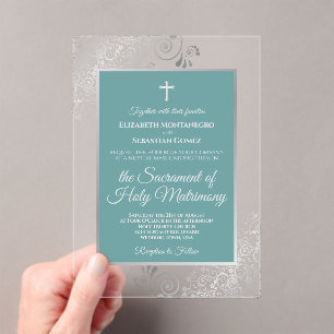 Elegant Turquoise Teal & Silver Catholic Wedding Acrylic Invitations