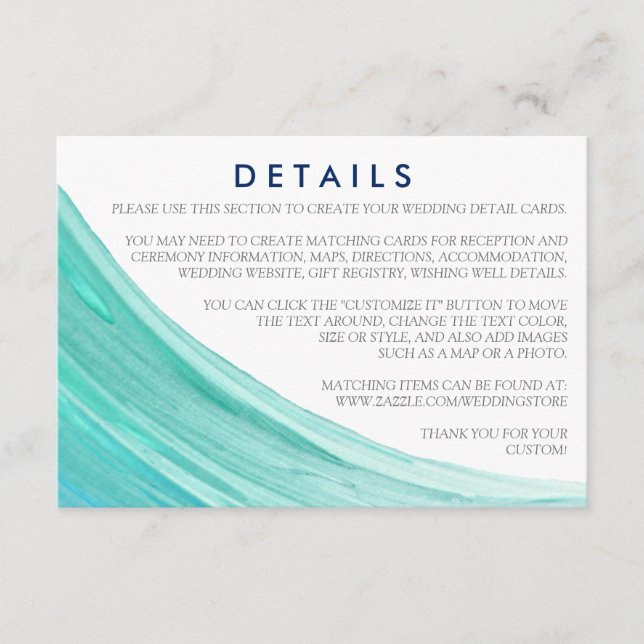 Elegant Turquoise Tides Beach Wedding Detail Enclosure Card (Front)