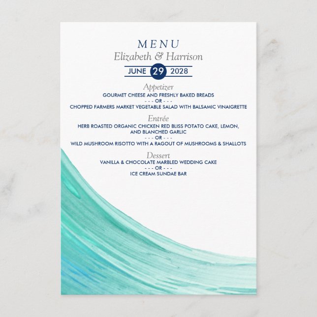 Elegant Turquoise Tides Beach Wedding Menu (Front)