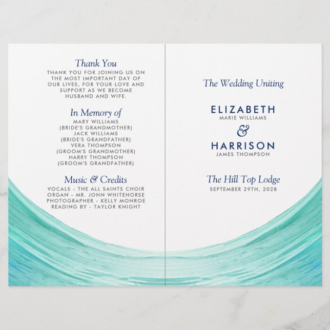 Elegant Turquoise Tides Beach Wedding Program (Front)