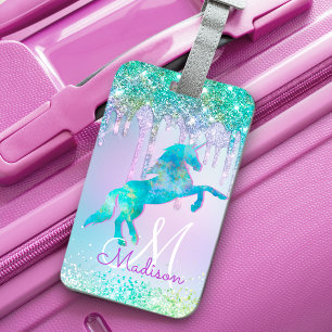 Elegant Turquoise Unicorn Glitter Drips monogram Luggage Tag