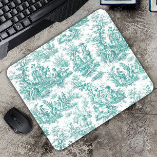Elegant Turquoise Vintage French Toile de Jouy Mouse Pad