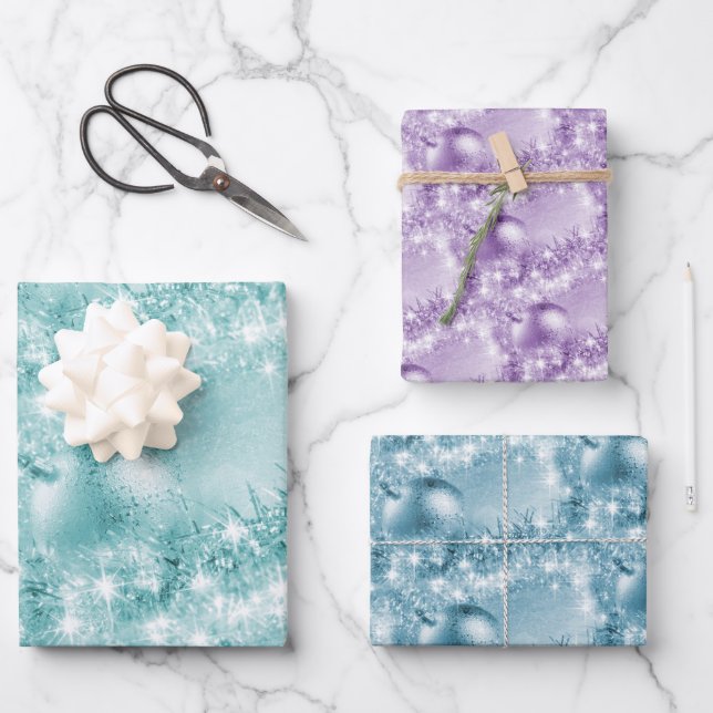 Elegant Turquoise Violet Ice Blue Christmas Ball Wrapping Paper Sheet (Front)