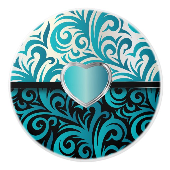 Elegant Turquoise, White and Black Floral Swirls Ceramic Knob (Front)