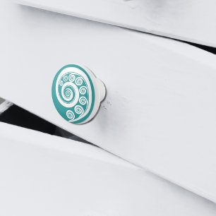 Elegant Turquoise & White Koru Curls Swirls Ceramic Knob