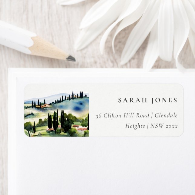 Elegant Tuscany Italy Watercolor Landscape Address (Insitu)