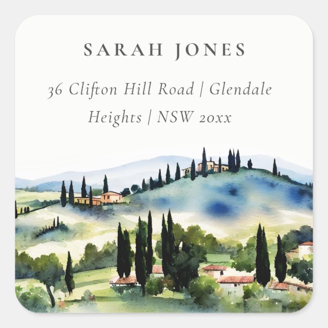 Elegant Tuscany Italy Watercolor Landscape Address Square Sticker (Front)